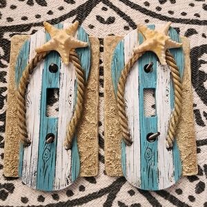 FLIP FLOP SANDAL BEACH NAUTICAL LIGHT SWITCH PLATE COVER ~ AQUA SAND STARFISH  2